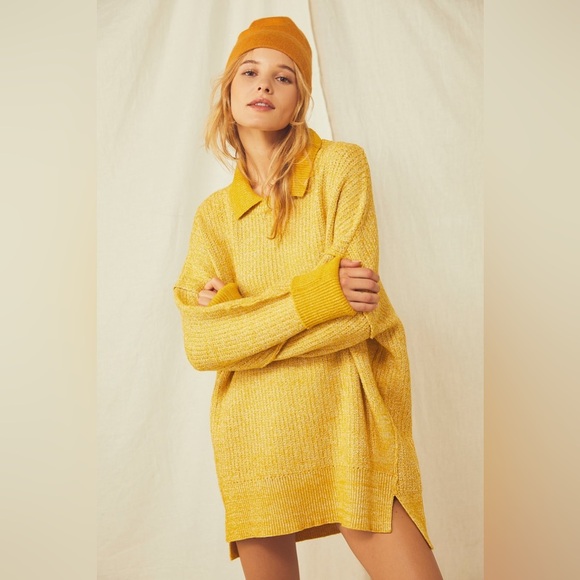 Free People Sweaters - Free People Oversized Sz Small Pony Up Pullover Mustard Yellow Collared Sweater